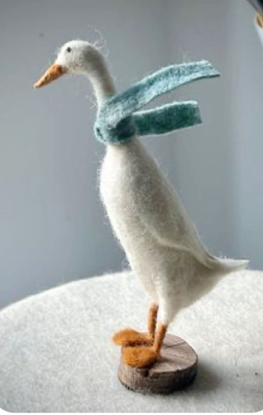Handcrafted White Goose Needle-Felted Figurine | Cute Domestic Duck Art Doll with Scarf | Whimsical Farmhouse Tabletop Decor & Cottage core Gift