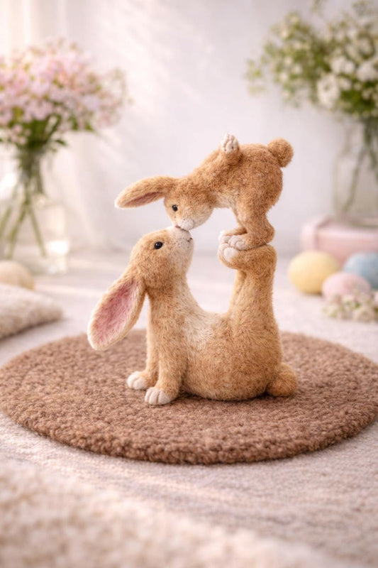 Handcrafted Mother & Baby Bunny Needle-Felted Figurine | Cute Woolen Acrobatic Rabbit Duo | Whimsical Nursery Decor & Luxury Mother's Day Gift