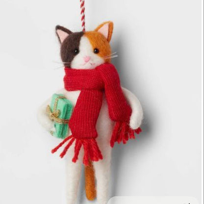 Handmade Felt Cat Christmas Ornament – Red Scarf & Gift