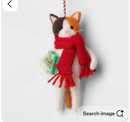 Handmade Felt Calico Cat with Scarf & Present Christmas Ornament – Wool Kitty Holiday Decor
