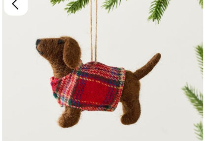 Handmade Felt Dachshund in Plaid Sweater Christmas Ornament – Wool Wiener Dog Holiday Decor
