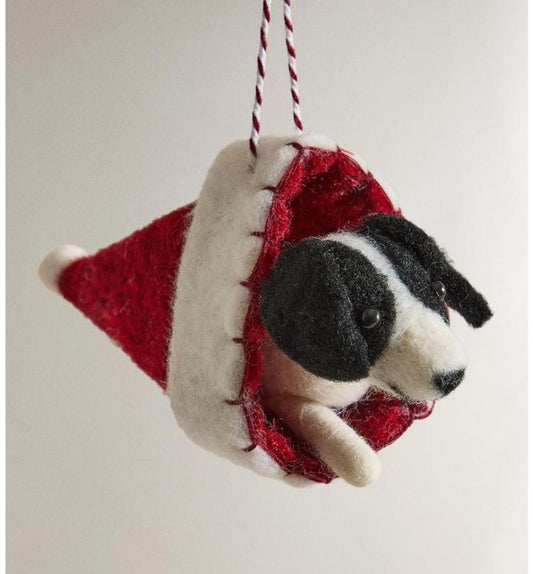 Handmade Felt Puppy in Santa Hat Christmas Ornament – Wool Dog Holiday Decor