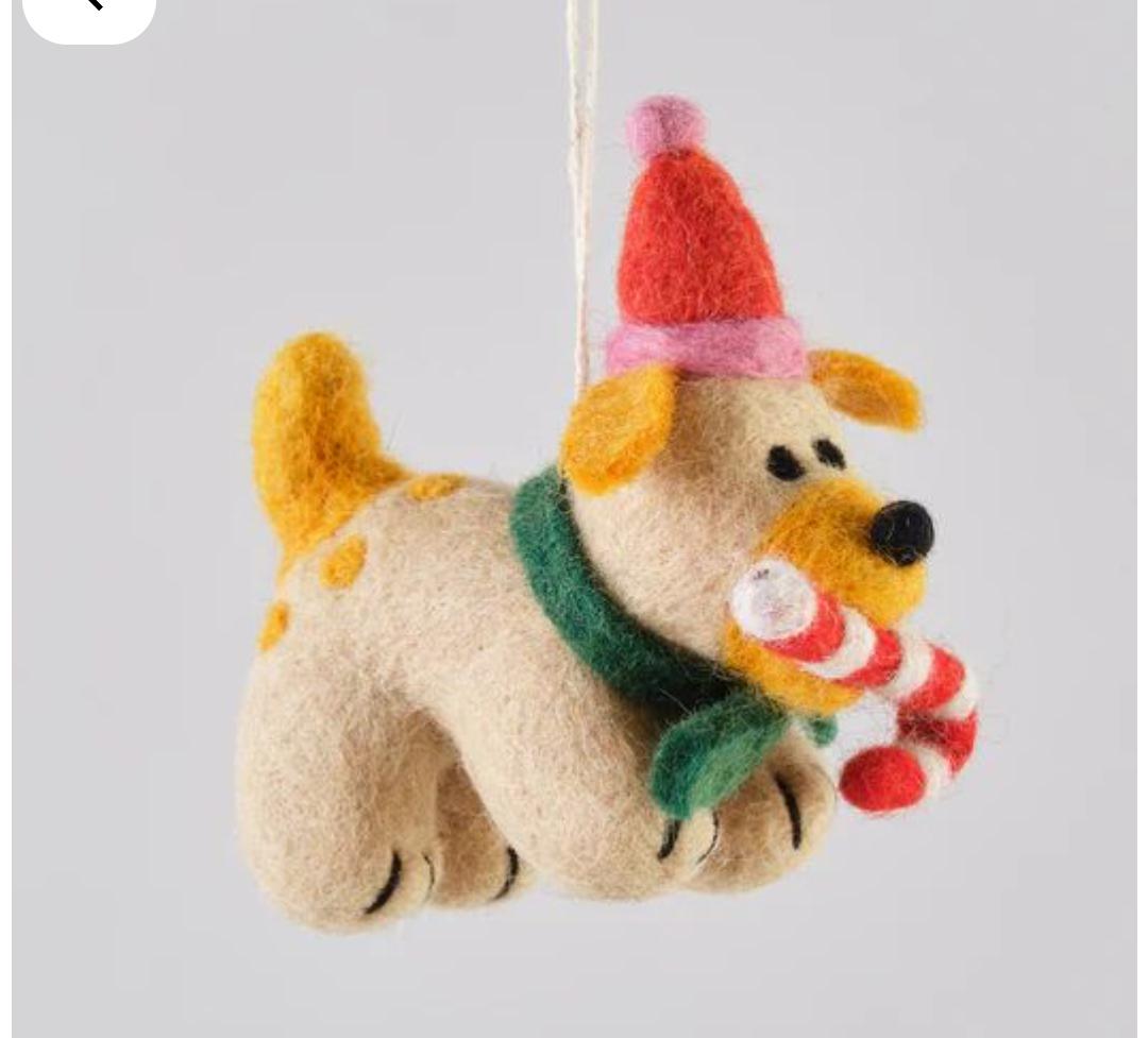 Handmade Felt Puppy with Candy Cane Christmas Ornament – Wool Dog Holiday Decor