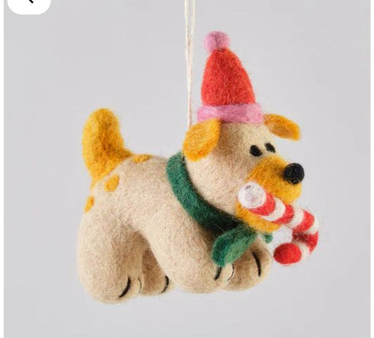 Handmade Felt Puppy with Candy Cane Christmas Ornament – Wool Dog Holiday Decor