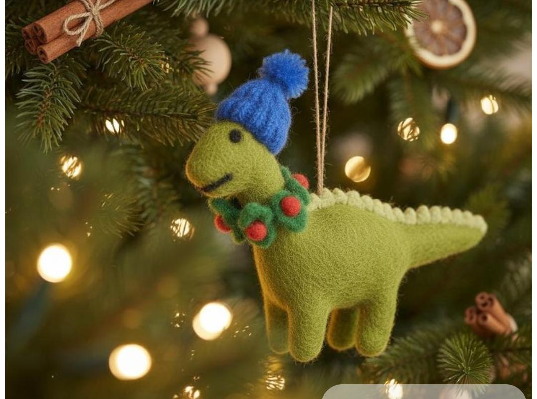 Handmade Felt Dinosaur with Winter Beanie Christmas Ornament
