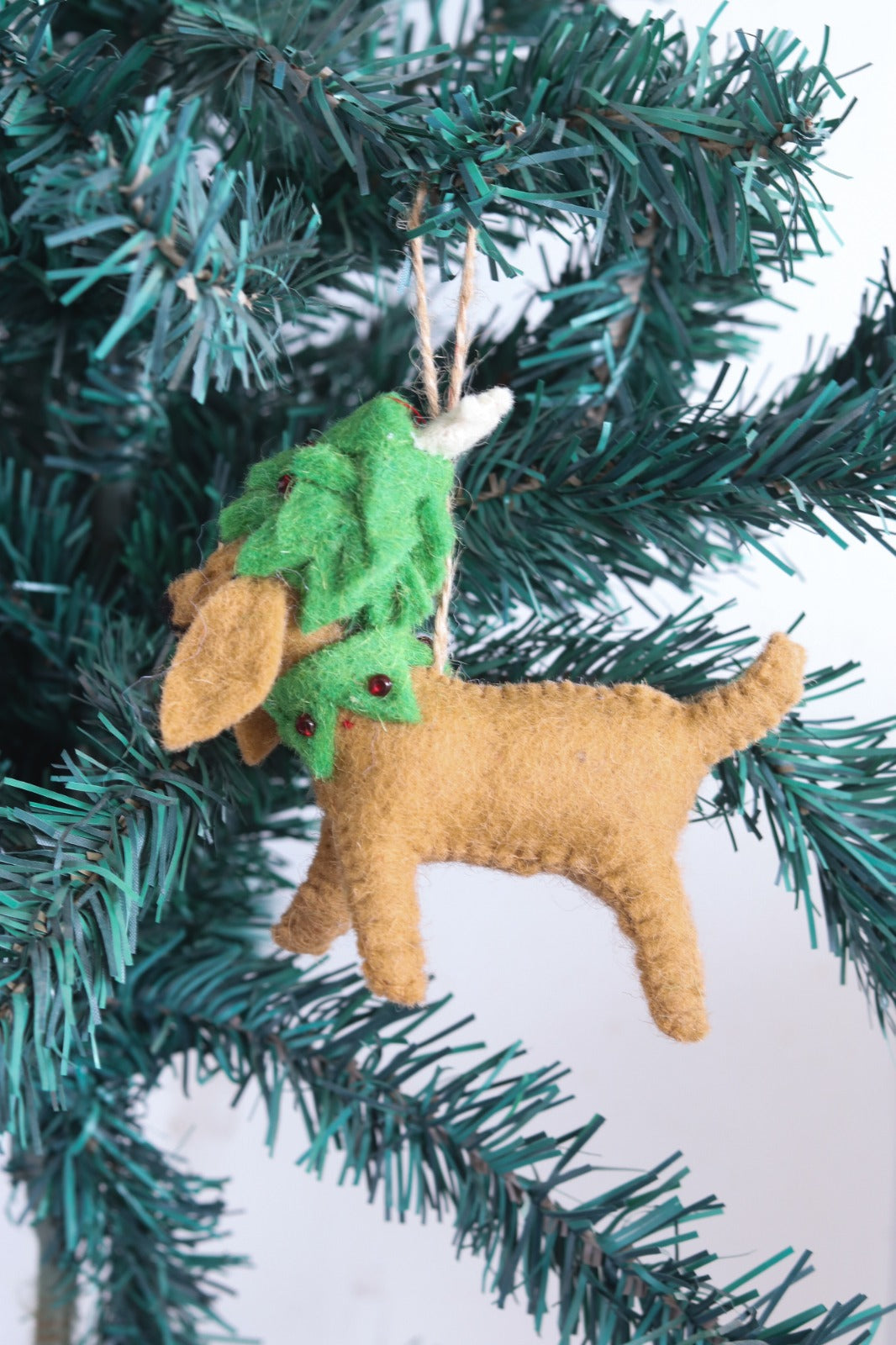 Handmade Felt Golden Dog in Christmas Tree Hat Ornament