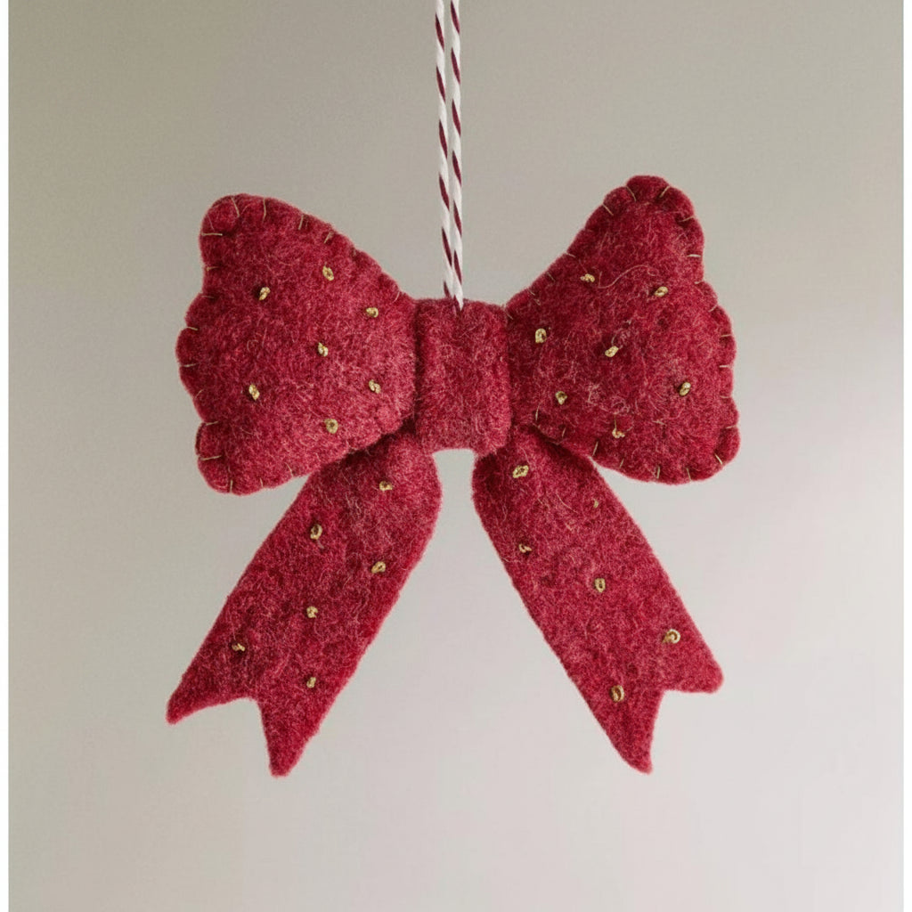 Handmade Felt Christmas Bow Ornament – Red Wool Bow Holiday Decor