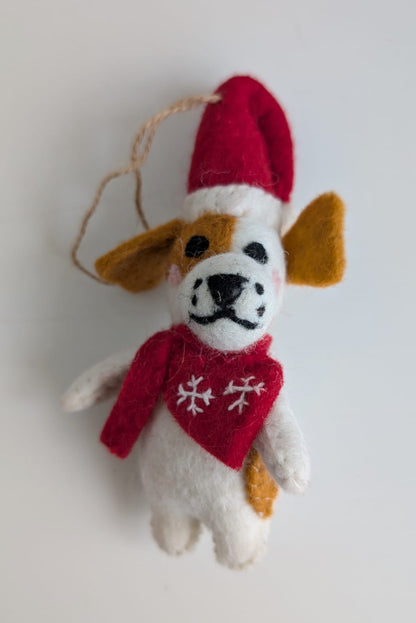 Handmade Felt Puppy with Santa Hat & Snowflake Scarf Christmas Ornament