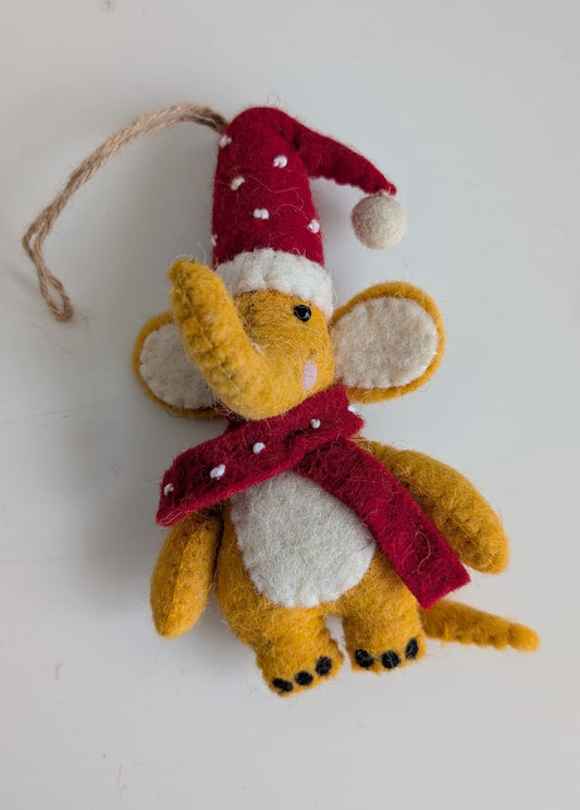 Handmade Felt Elephant with Santa Hat & Scarf Christmas Ornament