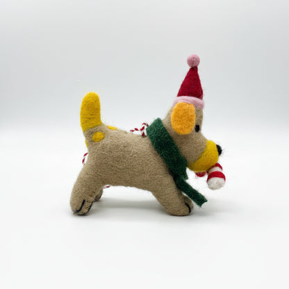 Handcrafted Christmas Dog Felt Ornament | Cute Festive Puppy with Santa Hat & Candy Cane | Whimsical Holiday Tree Hanging Decor