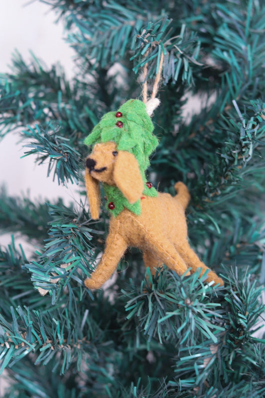 Handmade Felt Golden Dog in Christmas Tree Hat Ornament