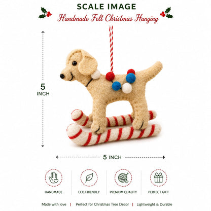Handmade Felt Dog on Candy Cane Sled Christmas Ornament