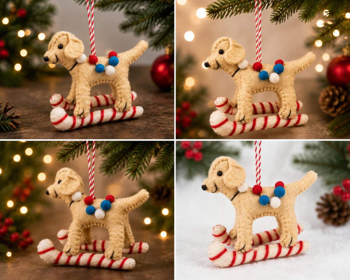 Handmade Felt Dog on Candy Cane Sled Christmas Ornament