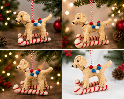 Handmade Felt Dog on Candy Cane Sled Christmas Ornament