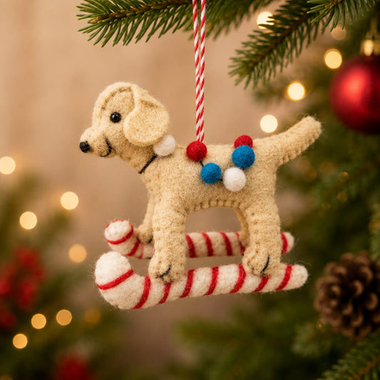 Handmade Felt Dog on Candy Cane Sled Christmas Ornament