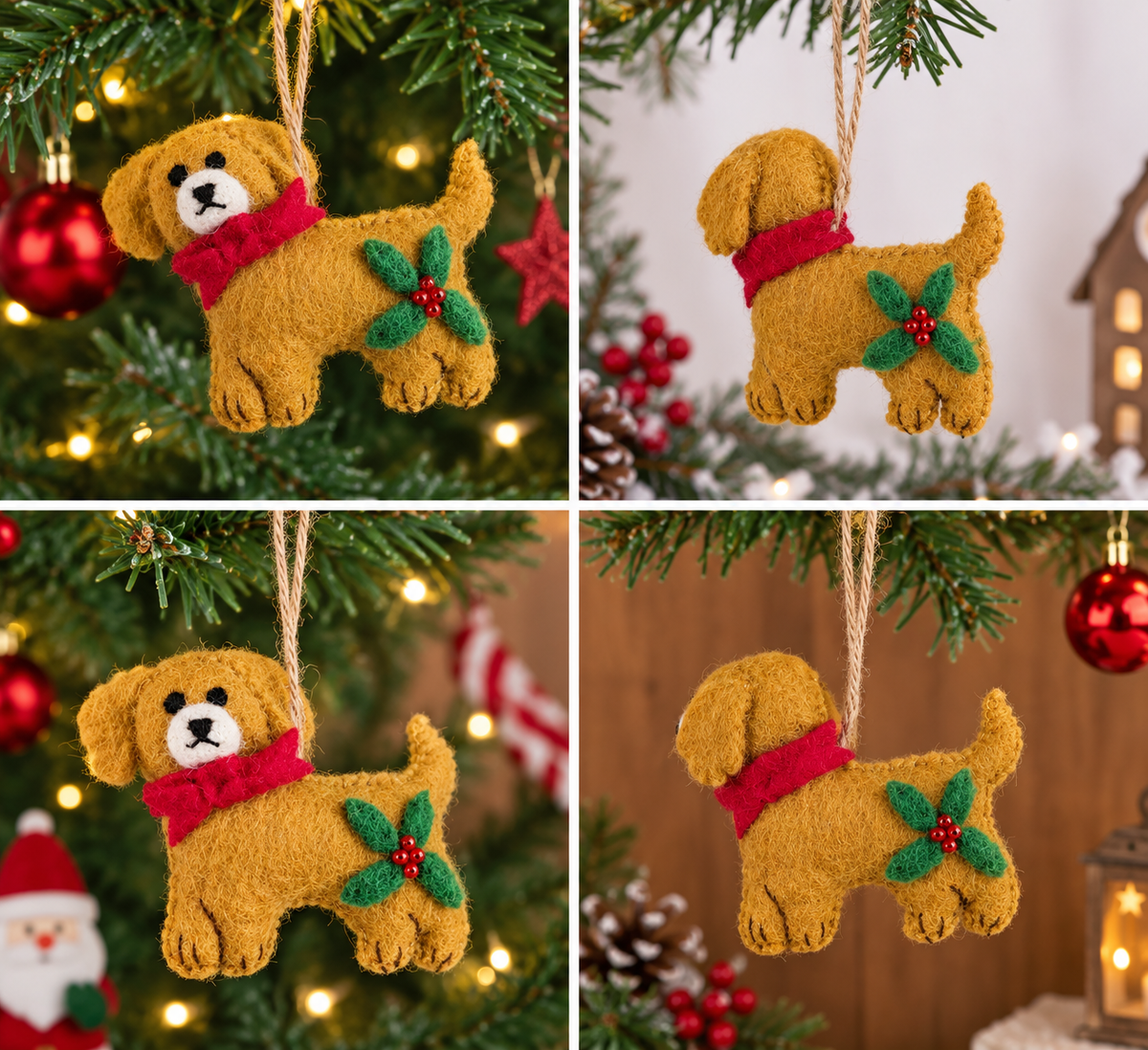 Handmade Felt Dog Ornament with Jute Hanging Loop – Christmas Tree Decoration