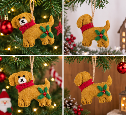 Handmade Felt Dog Ornament with Jute Hanging Loop – Christmas Tree Decoration