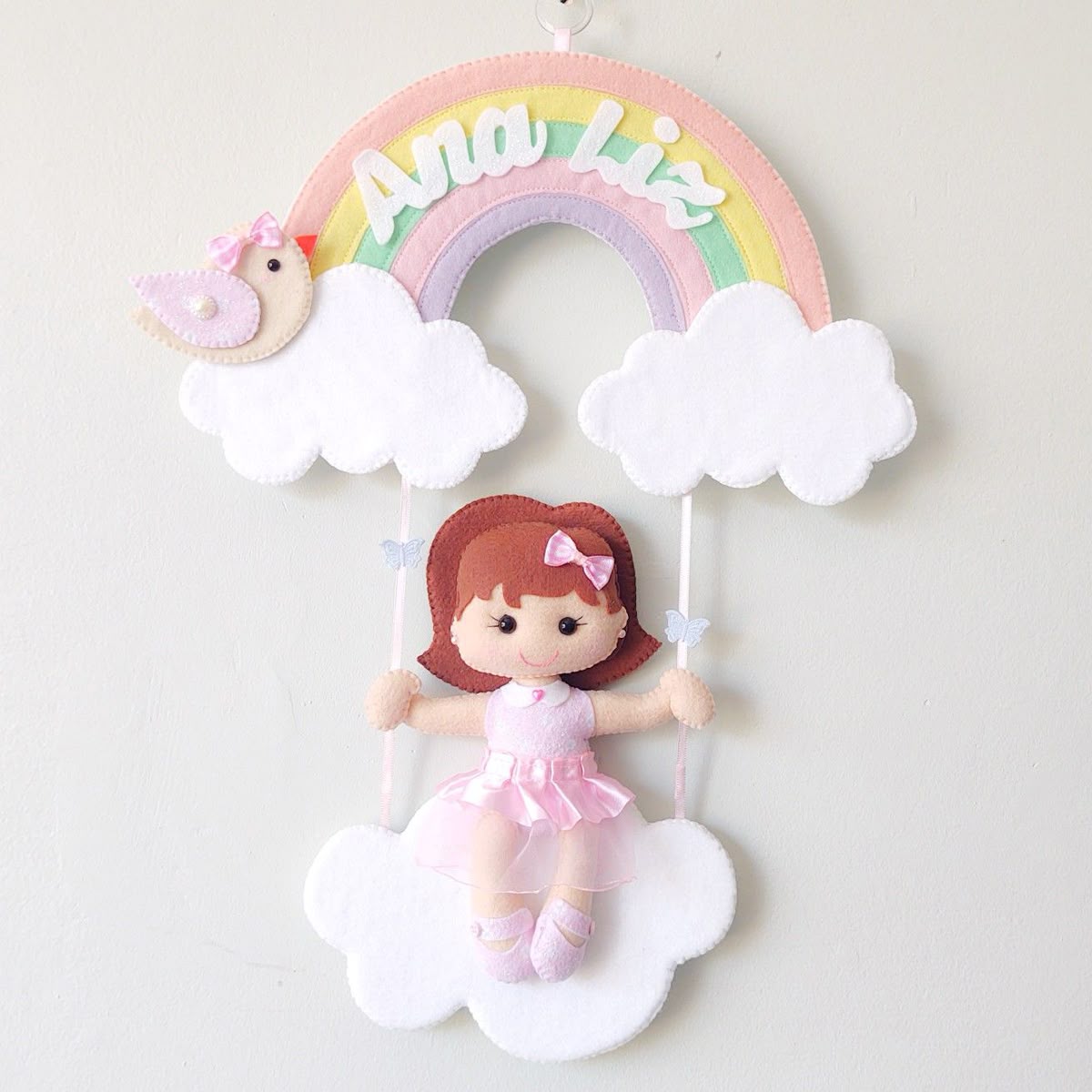 Custom Handcrafted Felt Rainbow Name Sign - Personalized Nursery Wall Hanging with Cloud Swing Doll & Bird