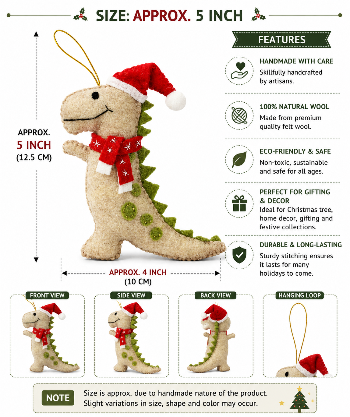 Handmade Felt Dinosaur with Santa Hat & Snowflake Scarf Christmas Ornament