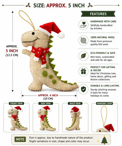 Handmade Felt Dinosaur with Santa Hat & Snowflake Scarf Christmas Ornament