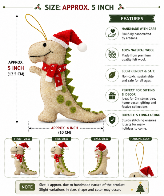 Handmade Felt Dinosaur with Santa Hat & Snowflake Scarf Christmas Ornament