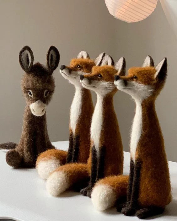 Handcrafted Needle-Felted Three  Fox With Donkey Sculpture | Realistic Wool Animal Figurine | Unique Artisan Gift & Home Decor