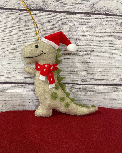 Handmade Felt Dinosaur with Santa Hat & Snowflake Scarf Christmas Ornament