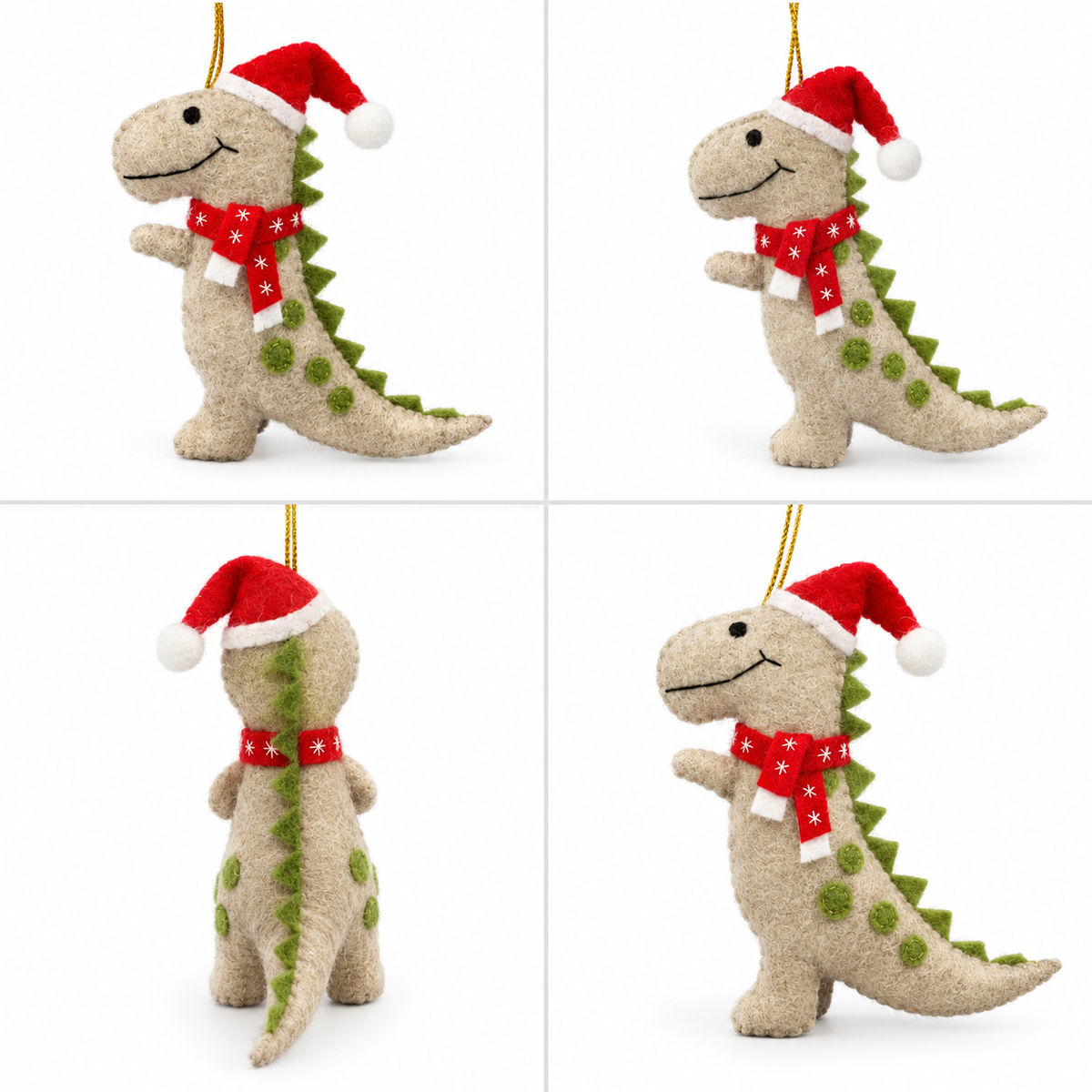 Handmade Felt Dinosaur with Santa Hat & Snowflake Scarf Christmas Ornament