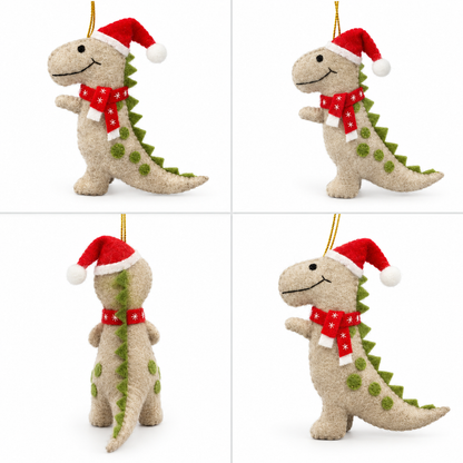 Handmade Felt Dinosaur with Santa Hat & Snowflake Scarf Christmas Ornament