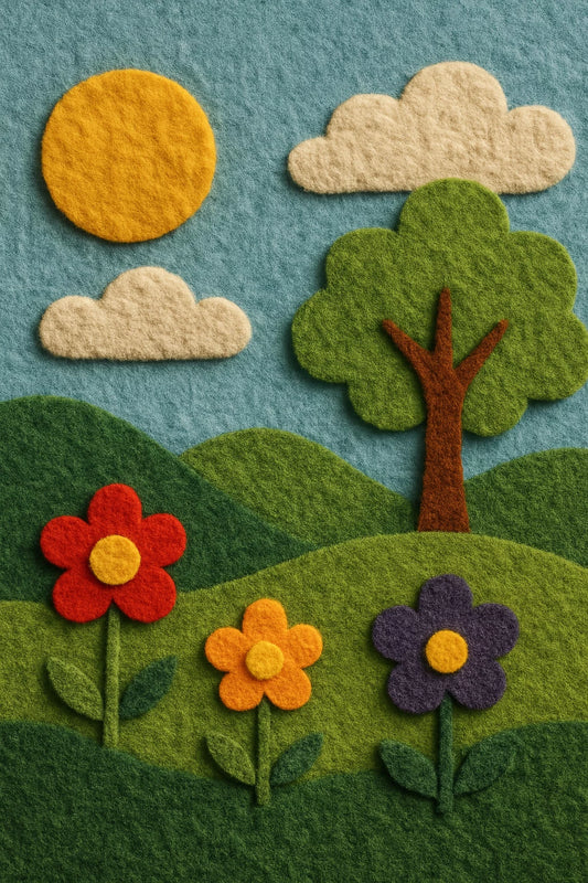 Handcrafted Miniature Felt Landscape Wall Art - Sunny Meadows & Rolling Hills Scene