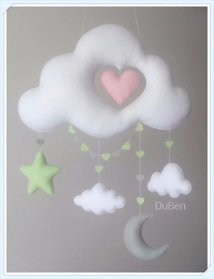 Handcrafted Celestial Cloud, Moon, and Stars Felt Nursery Hanging Mobile