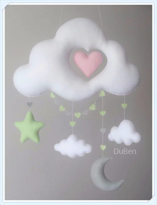 Handcrafted Celestial Cloud, Moon, and Stars Felt Nursery Hanging Mobile
