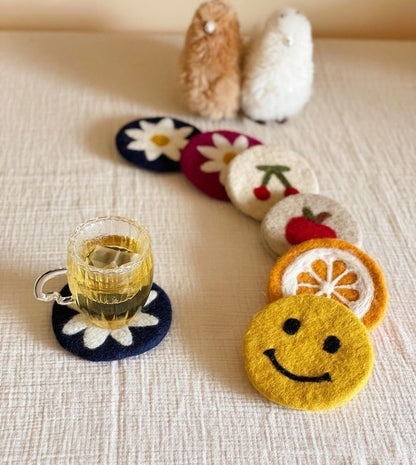 Set of 6 Handmade Felt Coasters | Colorful Fruit & Flower Drink Coasters