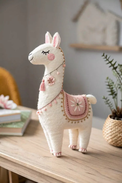 Handmade Felt Llama Toy – 5 Inch Decorative Llama Figurine with Pink Saddle