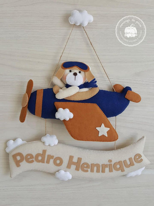 Custom Handcrafted Aviator Teddy Bear and Airplane Felt Nursery Name Sign / Wall Hanging