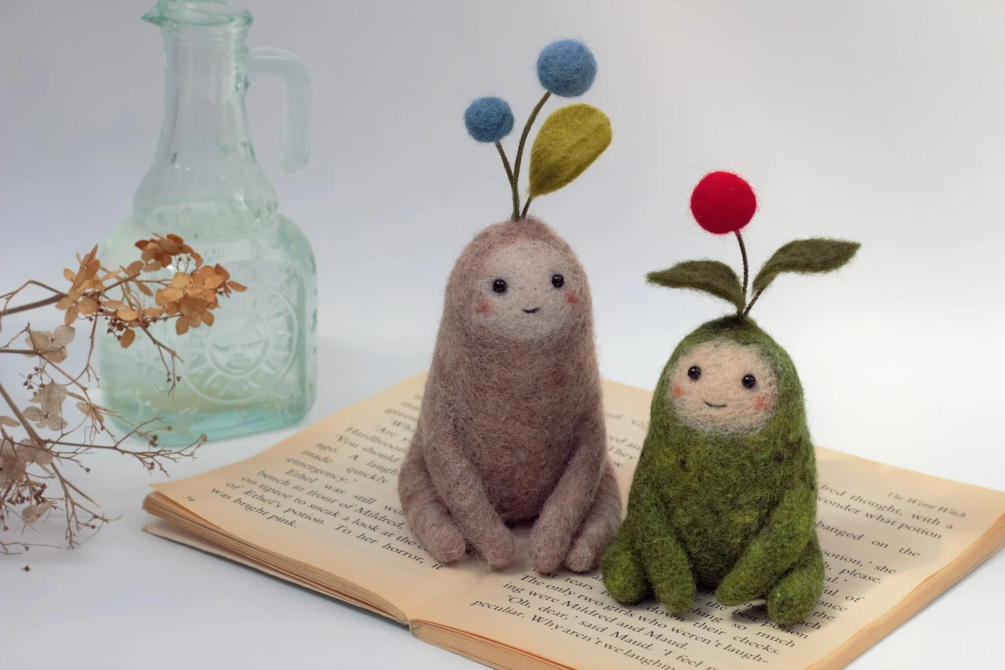 Needle Felted Smiling Plant Creatures with Red & Blue Berries ~ Little Handmade Wool Plant Sculptures