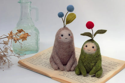 Needle Felted Smiling Plant Creatures with Red & Blue Berries ~ Little Handmade Wool Plant Sculptures