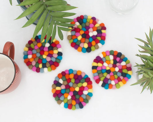 10cm Multi Color Felt Ball Coasters, Wool Pom Pom Dining Table Decor, Felt Tea Coasters Set for Table, Felt Tea Accessories