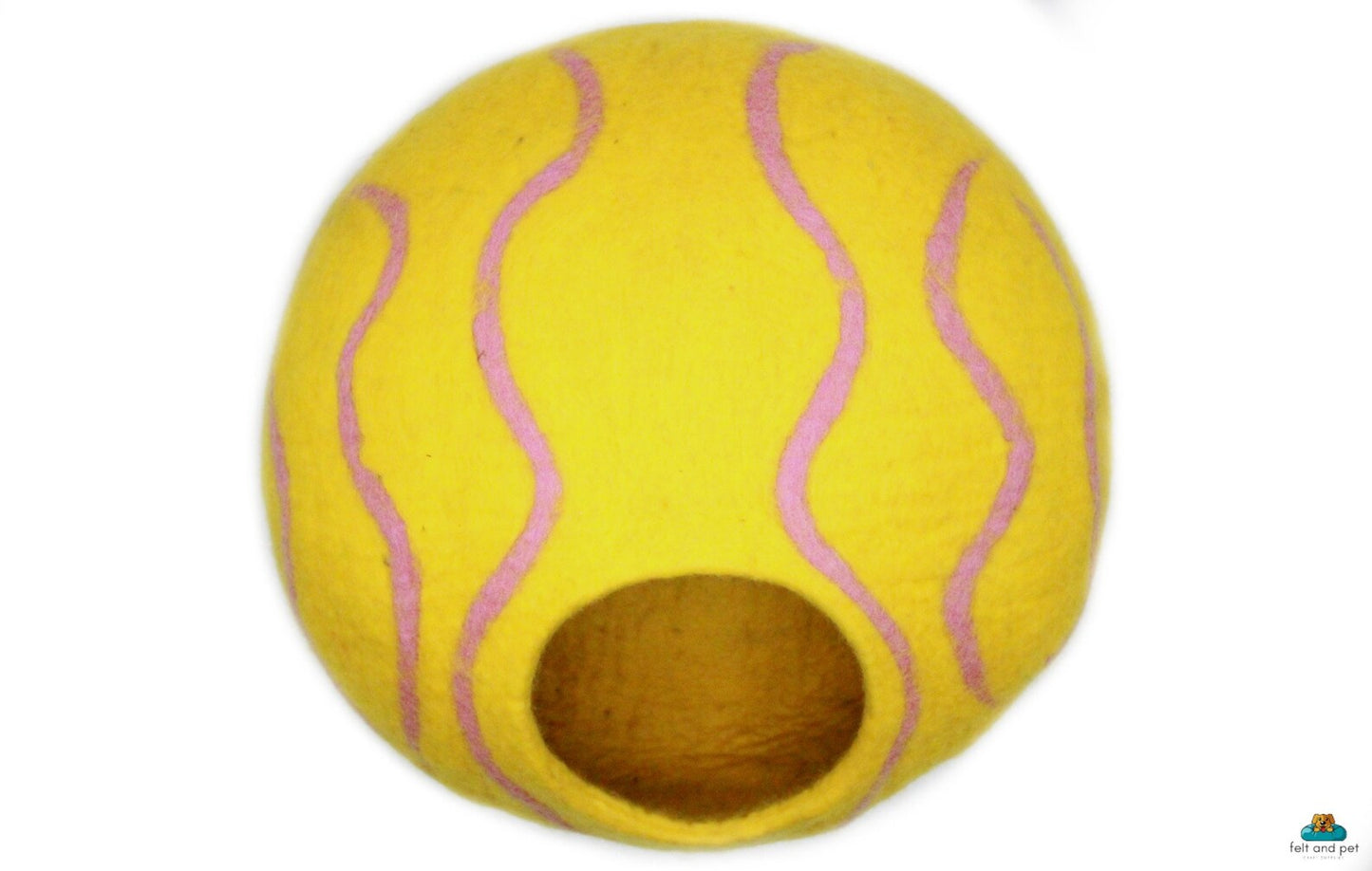 Yellow Wool Cat House With Pink Sripes, Handmade Felted Cat Cave, Soft & Cozy Natural Pet Bed