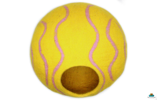 Yellow Wool Cat House With Pink Sripes, Handmade Felted Cat Cave, Soft & Cozy Natural Pet Bed