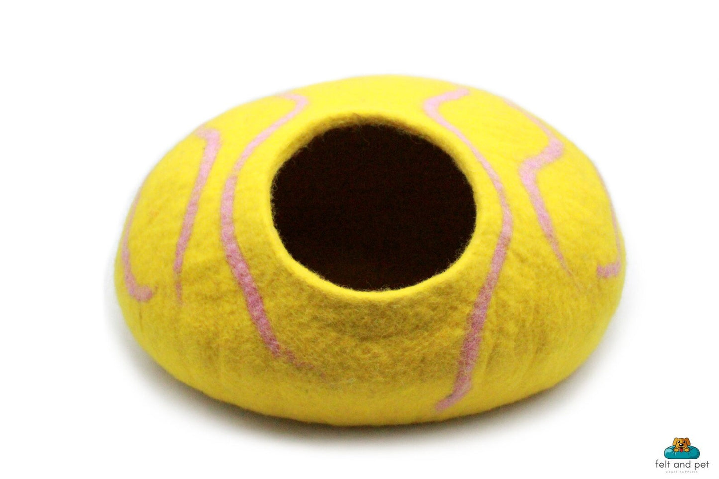 Yellow Wool Cat House With Pink Sripes, Handmade Felted Cat Cave, Soft & Cozy Natural Pet Bed