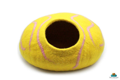 Yellow Wool Cat House With Pink Sripes, Handmade Felted Cat Cave, Soft & Cozy Natural Pet Bed