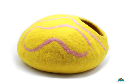 Yellow Wool Cat House With Pink Sripes, Handmade Felted Cat Cave, Soft & Cozy Natural Pet Bed