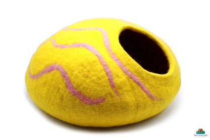 Yellow Wool Cat House With Pink Sripes, Handmade Felted Cat Cave, Soft & Cozy Natural Pet Bed