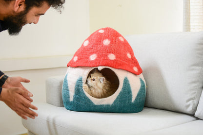 Mushroom Felt Cat Cave - Handmade Modern Pet Bedding- Wool Pet Bed