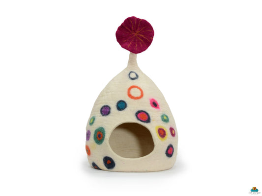 Felt Cat Cave - White Tear Drop with Dot - Pet Furniture - Eco Friendly Pet Bed