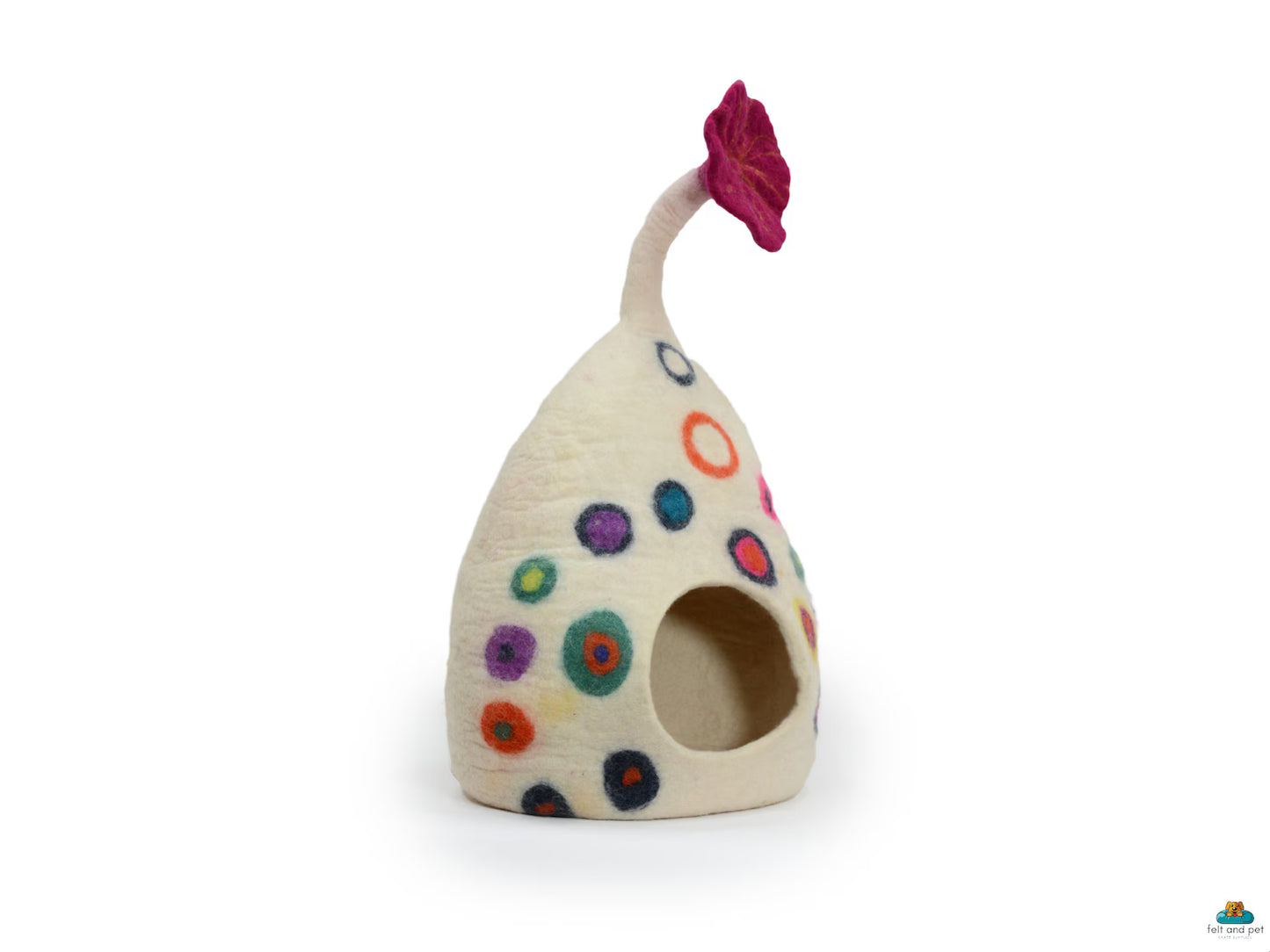Felt Cat Cave - White Tear Drop with Dot - Pet Furniture - Eco Friendly Pet Bed