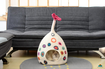 Felt Cat Cave - White Tear Drop with Dot - Pet Furniture - Eco Friendly Pet Bed