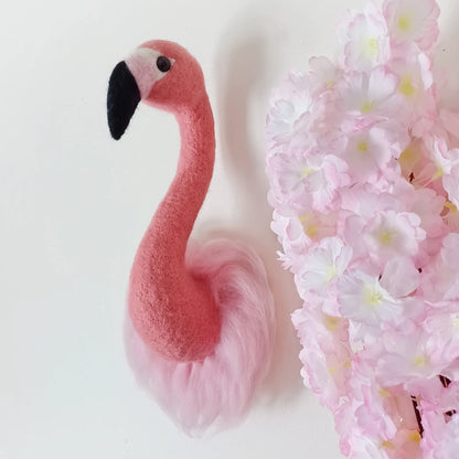 Flamingo head nursery decor Needle felted flamingo taxidermy wall mount Felt fax animal trofy