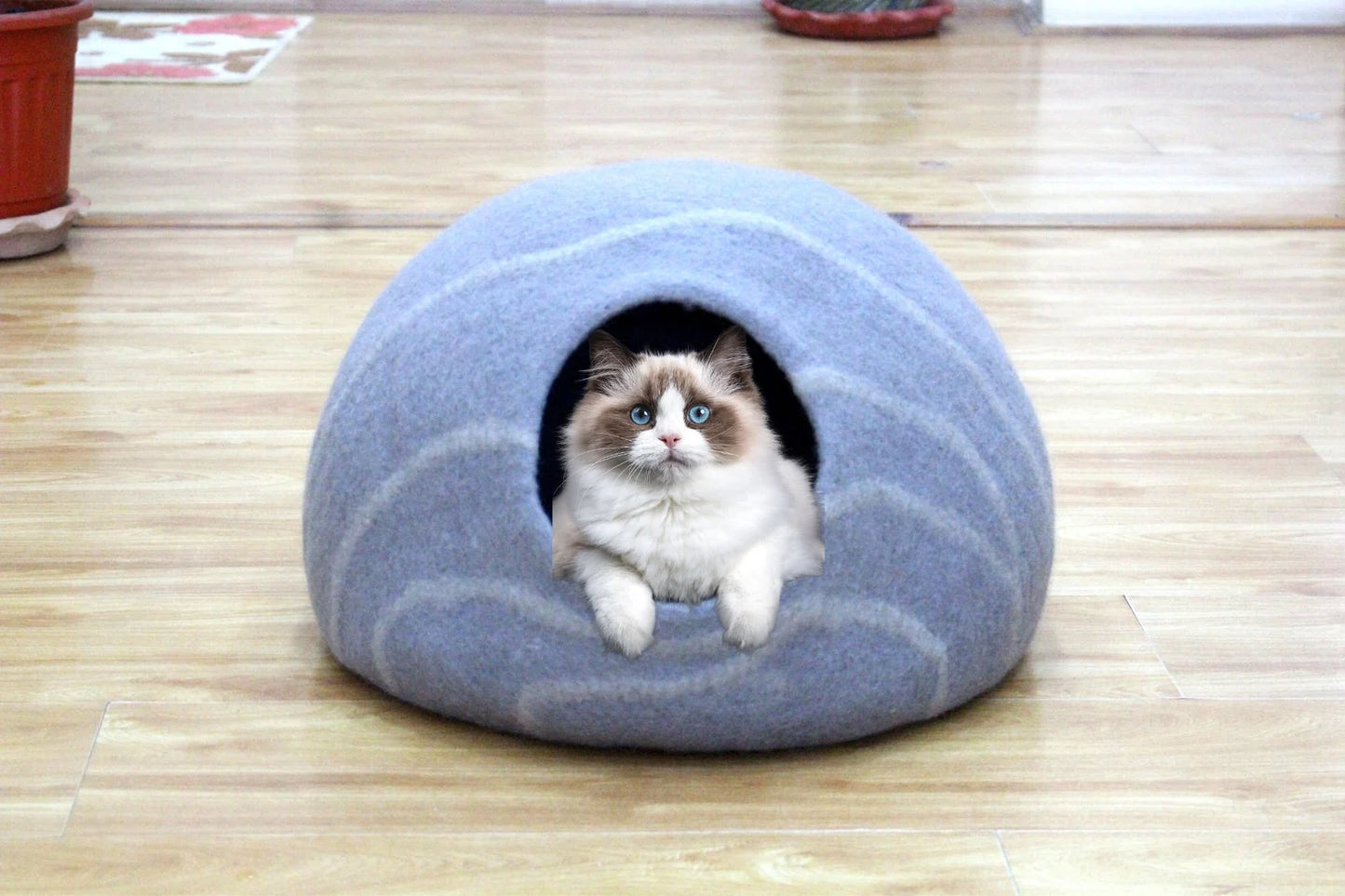 Handmade Cat House - Felt Cat Cave With Wavy Stripes Design - Ideal Gift - Unique Round Pet Bed